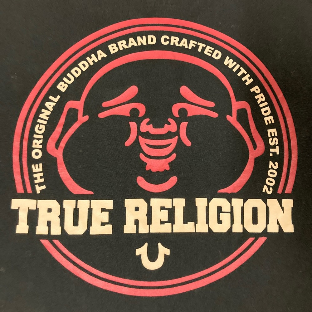 True Religion Mens Buddha Logo Graphic T-Shirt Black Red XL 107996